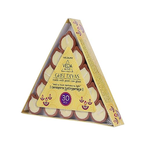 Welburn Veda&Co Pure Cow Ghee Diya for Puja - 30 Pieces 45 Minutes Burn Time Clarified Butter Filled Paraffin Free Clay Diya Lamp Ready to Use Diya Yoga & Meditation Eco Friendly Pooja Diyas