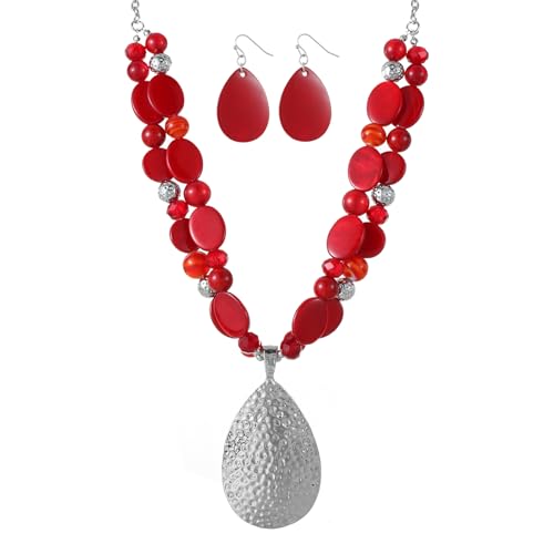 Xalroco 20‘’+3‘’ Silver Teardrop Pendant Statement Necklace for women Trendy Red Crystal Shell Beaded Gemstone Necklaces and Earrings Set Jewelry Gifts (red)