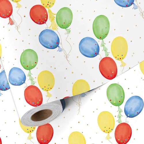 LaRibbons Birthday Balloon Wrapping Paper for Boys Girls 17 In x 33 Ft