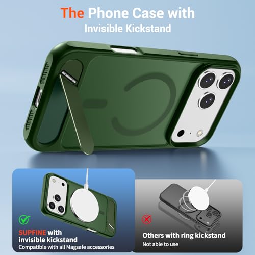 Image of SUPFINE Magnetic for iPhone 17 Pro Case Translucent Matte Phone Cover | (Built-in Invisible Kickstand)(Compatible with MagSafe)(Military Grade Drop Protection) Forest Green