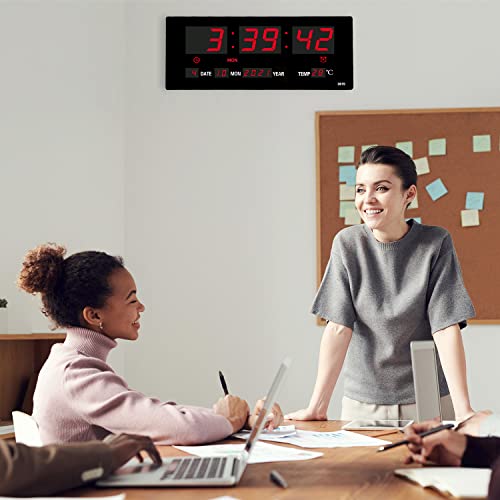 Lotcain 14.1 Inch Oversized Led Digital Wall Clock With Indoor Temperature, Seconds, Date, Day, Memory Function Adapter Included, Wall Decorative For Living Room, Office, Conference Room, Bedroom，Red #TOP6