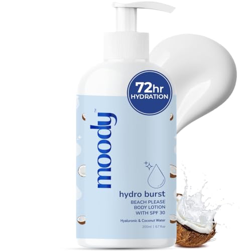 Image of Moody Hydro Burst Beach Please Body Sunscreen Lotion SPF 30 with Ceramide | Body Lotion for Summer & Dry Skin | Lotion Sunscreen for Men & Women Daily Use | Non Greasy, No White Cast, Quick Absorbing | 200ml