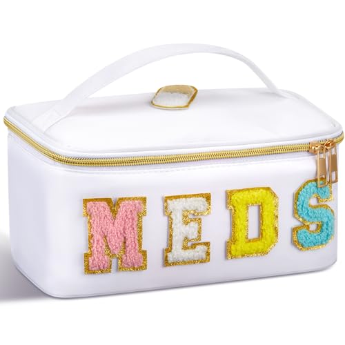 Geetery Medicine Bag Clear Meds Travel Case with Chenille,Meds,White