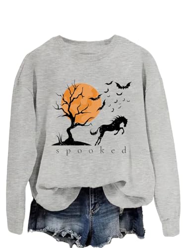 Spooked Horse Sweatshirt, Halloween Spooked Horse Shirt, Fun Graphic Print Crew Neck Casual Pullover Top