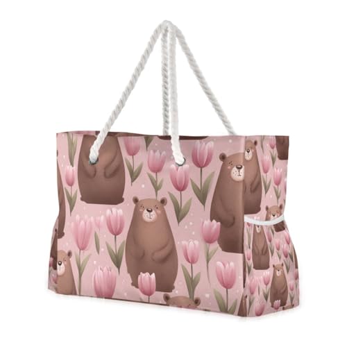 OTVEE Brown Bear and Pink Tulip Patterns Beach Bags for Women Ladies Large Canvas Tote Shoulder Bag Waterproof Travel Bags for Gym Swim Pool Camping