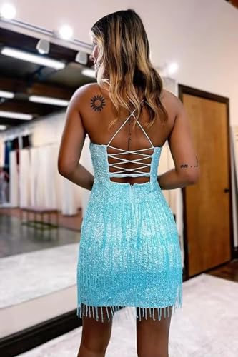 Sparkly Sequin Homecoming Dresses with Tassel for Teens Spaghetti Straps V Neck Short Prom Dresses Backless2