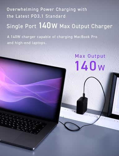 Image of 140W USB-C Charger Block, Compact USB-C 3-Port GaN Charger High Wattage PD 3.1 Fast Charging Adapter for MacBook Pro, Windows Laptop, iPhone 15 /16, Android, Tablet, NovaPort Trio II 140W (Black)