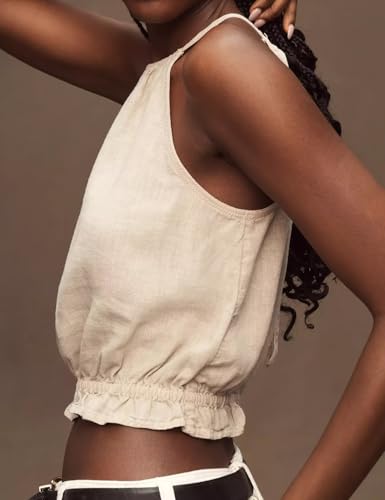 IDEALSANXUN Womens Crop Linen Halter Tops Summer High Neck Tank Tops Sleeveless Shirts3