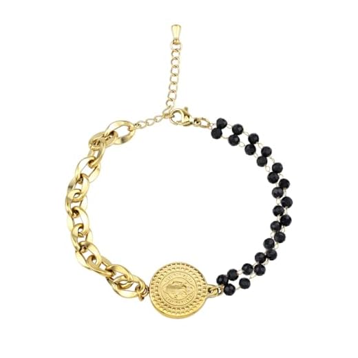 Silvershake SueBue 3 mm ônix preto natural banhado a ouro amarelo 14 K moda cruz de São Bento medalha cruz/religião/cristão 17,8 a 20,3 cm pulseira ajustável joia feminina, Small, Aço inoxidável Aço