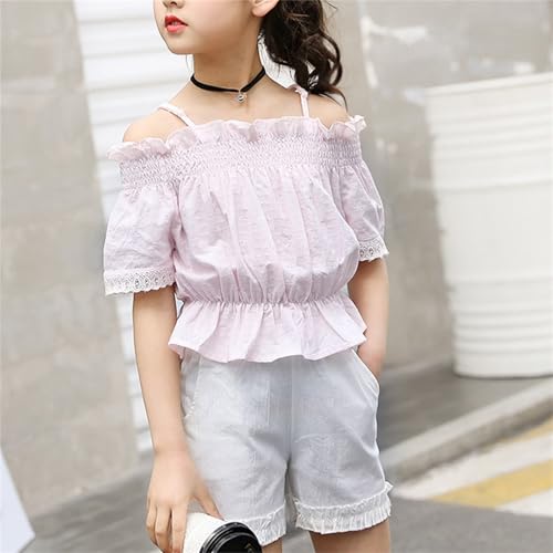 BILIKEYU Girls Summer Clothes Off Shoulder Spaghetti Straps Tops and Elastic Waist Ruffle Shorts for Kids 8 to3