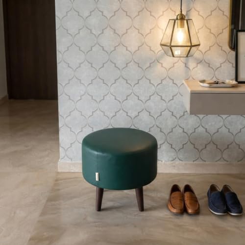 Image of Stool Ottoman Pouffes for Living Room, Kitchen, Home, Office Furniture with Soft Cotton Canva Cushion Mudda Footrest Stool for Chair Sofa Bed Dressing, Green Leather (14 Inch Pack of 1)