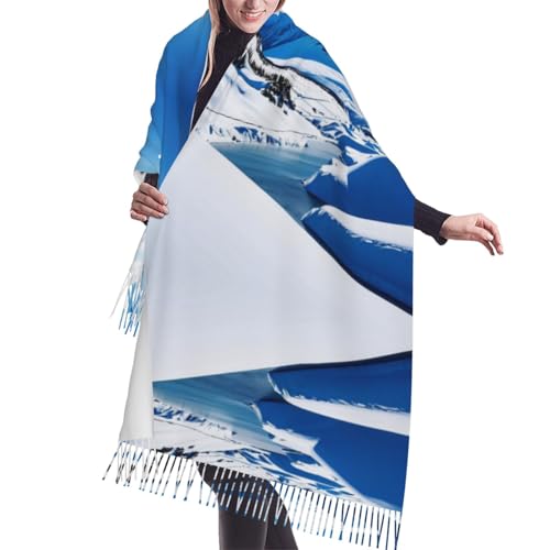 KLBTR Blue Sky White Snow Mountain View Print Unisex Scarf, Fall Winter Blanket Scarves, Warm Cozy Stylish Shawl Holiday Gift for Women & Men