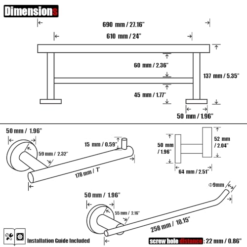 JQK Bath Hardware Towel Bar Accessory Set, 5-Piece Bathroom Accessories Fixtures Set Brushed Finished Wall Mount Includes 24" Towel Bar, 9" Hand Towel Bar, Toilet Paper Holder, Robe Hook x2, BAS105-BN - Image 3