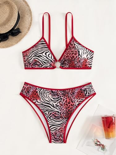 Image of Fanuerg Women's Triangle Bikini Sets O Ring Linked Two Piece Swimsuits Floral Printed Cheeky Bathing Suit