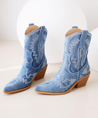 Image of Reitoye Cowboy Boots Women Knee High Cowgirl Embroidered Chunky Heel Boots | Block Chunky Heel,Pointed Toe,Half Side Zipper & Pull Tab,Embroidered Tall Boots,Fall Summer Spring Winter Dress Long Boots