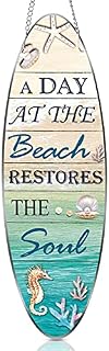 Metal Surfboard Sign Decor A Day At The Beach Restores The Soul Plaque Hanging Beach Decor for Wall and Door Outside Decor , 4 x 12.6 Inch