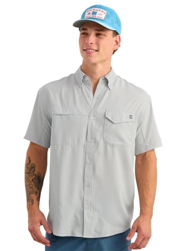 Image of HUK Men's Tide Point Kc Scott Original Artwork Short Sleeve Shirt, Fishing Button Down