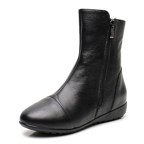 PTNOKA Women's Genuine Leather Flat Ankle Boots with Two Zipper
