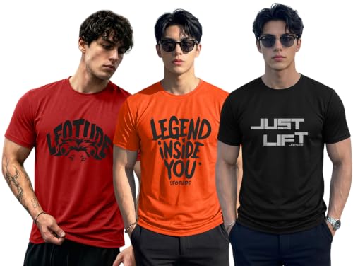 Image of LEOTUDE Mens Polycotton Boxy Regular Fit Printed Half Sleeve Round Neck Combo Dailywear & Gym Tshirts for Man (Colour: Multicolor)
