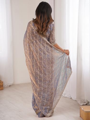 Image of AKHILAM Women's Shimmer Chiffon Heavy Sequence Embroidery Work Saree With Unstitched Blouse Piece (VT798A VM Parent)