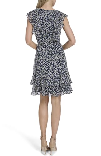 Image of Tommy Hilfiger Women's Sleeveless V-Neck Ruffle Trim Tie Waist Chiffon Mini Dress