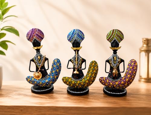 Image of Rajasthani Chaudhary Musician Figurines Set of 3 Handcrafted Traditional Indian Art Showpiece | Decorative Table Decor for Home, Living Room, Office & Shelf Styling