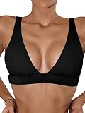 SheIn Women's Ribbed Knit Tank Bikini Swimsuit Top V Neck Swim Top Solid Bathing Suit Tops Black Small