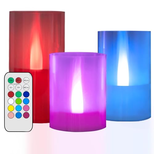 LANKER Flameless Candles with Remote Control and Timer, Battery Operated LED Pillar Candles, Romantic Light, Set of 3 (Multi-Color)