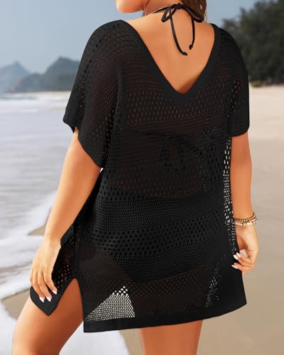 Yonique Plus Size Swimsuit Cover Up - Crochet Swim Cover Up 2025 Bathing Suit Short Sleeve Beach Dress2