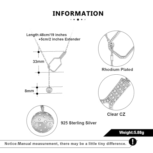 Pickleball Lariat Plus Paddle Necklace - Sterling Silver with Rhodium Plating Crystals Pickleball Necklace for Women | Pickleball Jewelry, Christmas Gifts for Pickleball Lovers2