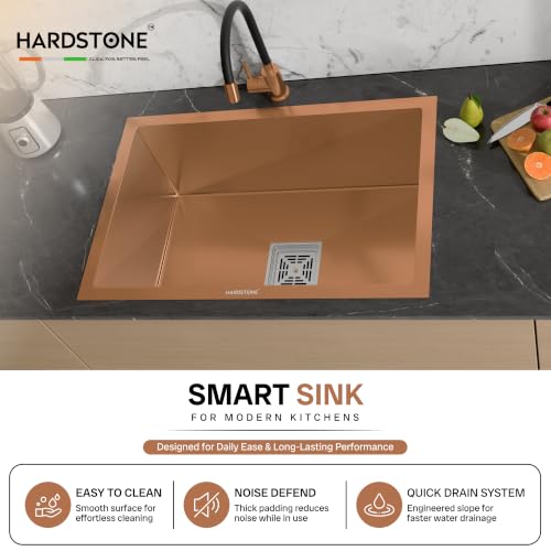 Image of HARDSTONE Premium Kitchen Sink | Single Bowl 24x18x9 Inch | Handmade Heavy Duty Stainless Steel Wash Basin with Matte Rose Gold Finish | Includes Waste Hose Pipe, Coupling & Drying Rack | Rose Gold