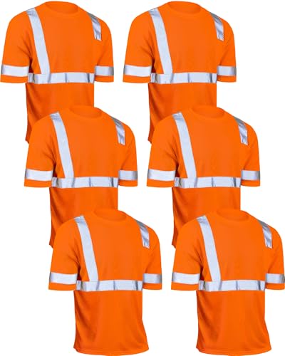 JaGely 6 Pcs Safety Reflective Shirts Short Sleeve Bulk Hi Vis T-shirt High Visibility Construction Work Shirts with Pocket(Orange,X-Large)