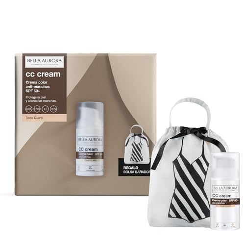 BELLA AURORA - Pack CC Cream Antimanchas SPF50+ 30 ml + Bolsa de Regalo, Protector Solar Antimanchas Tono Claro, Crema Color Antimanchas, para Cualquier Tipo de Piel, Crema Solar Facial de Color Claro