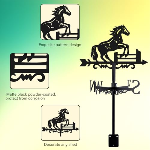BEUNITONE Horse Weathervane Roof 26” Height Black Metal Running Horse Windvane Durable Cool Animals Weathercock Windmill Wind Cups & Brackets for Outdoor Farmhouse Decoration Garden Yard Decors