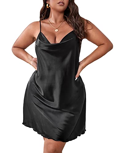 Makemechic Women's Plus Size Satin Slip Nightgown Mesh Insert Cowl Neck Silk Cami Night Dress Sleepwear Black 3Xl #TOP12