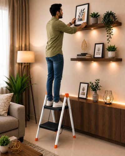 Image of CIPLA PLAST Polo 2-Step Foldable Ladder for Home & Office | Heavy Duty Anti-Slip Wide Steps | Lightweight Aluminium Step Stool | Safety Lock & Non-Slip Feet | Multi-Purpose Folding Ladder