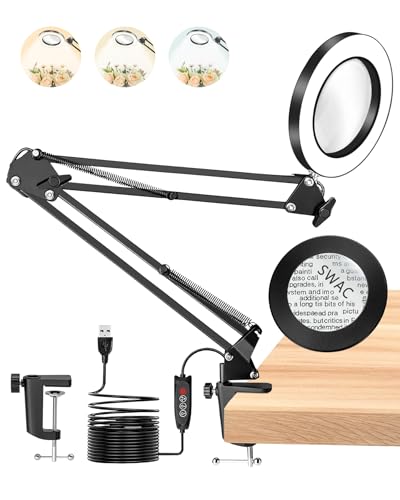 TANYO Lampe Loupe sur Pied, 10X Lampe Loupe de Bureau avec Pince, 3 Modes de Couleur et 10 Niveaux de Luminosité Loupe Grossissante, Professionnels Loupe...