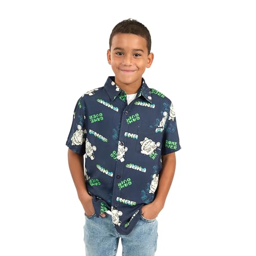 Five Nights at Freddy's Freddy Game Over All-Over Print Boy's Navy Short Sleeve Button-Down Shirt