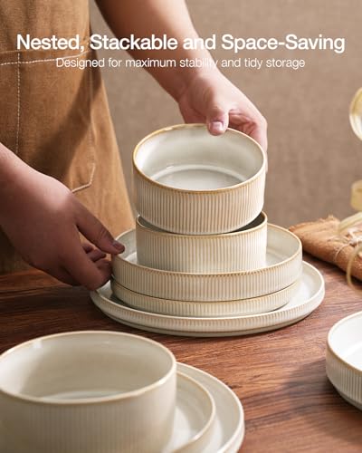 Image of Famiware Star 8-Piece Stoneware Dinnerware Set for 4 - 10.5 inch Flat Dinner Plates & 23 oz Deep Cereal Bowls, Everyday & Formal Use, Chip & Scratch Resistant, Microwave /Dishwasher Safe, Cappuccino White