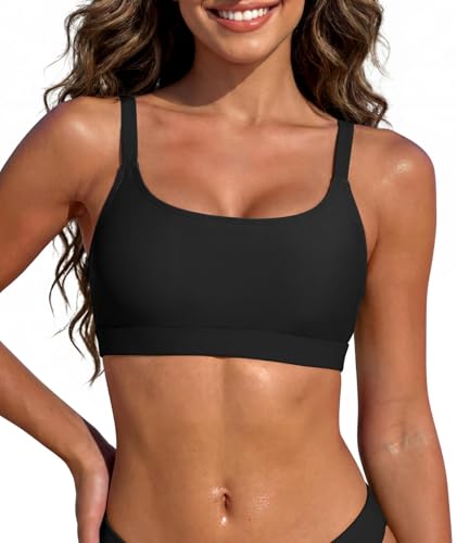Sports Swim Bra Black Bikini Top Classic Black Swim Top with Padded Crop Swimsuit Top Only Black M