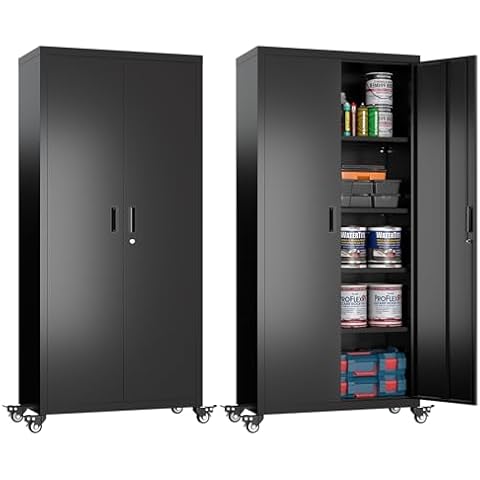 JAORD Garage Storage Cabinets with Wheels, Metal Storage Cabinet with Locking Doors and 4 Adjustable Shelves for Garage Home Storage, Assembly Required(73" H, Black) Cover