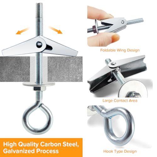 Lyeteung 4 Sätze M6 Federklappdübel, Kippdübel Geschlossener Haken, Gipskarton-Deckenhaken, mit Sechskantmuttern, Unterlegscheiben, für Trockenbau, Hohlwand, Planke, Hängepflanzen