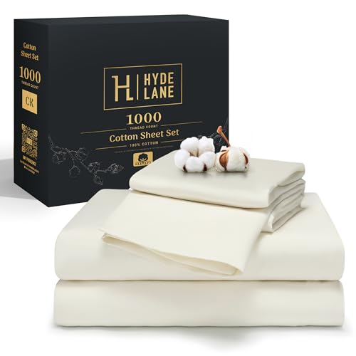 Hyde Lane Luxury 1000 Thread Count 100% Cotton Sheets for Queen Size Bed | Very Comfy Soft & Thick with Deep Pocket - Fits up to 18" Mattress, 4PC Sateen Cotton Sheet Set (Ivory/Cream)