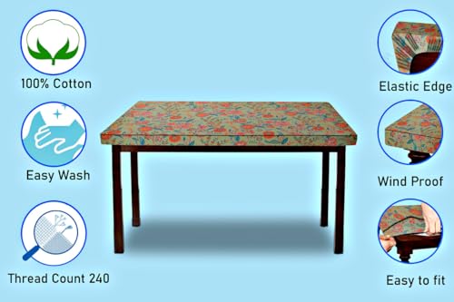 Image of The Furnishing Tree Elastic Cotton Rectangular Dining Table Cover 30x48 in Inches Floral Multicolor on Green Base