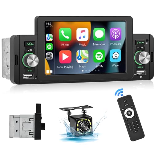 METEESER Single Din Car Stereo with Apple Carplay Android Auto 5 Inch Touch Screen Radio Audio Bluetooth Backup Camera, Siri Voice Control Fast Charging Subwoofer SWC External Mic Remote