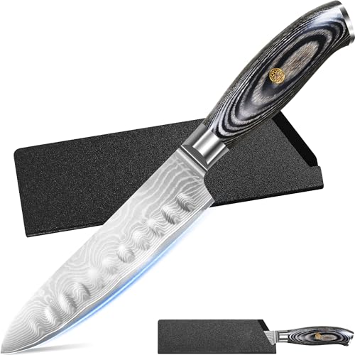 XYJ Professional Damascus Steel Kitchen Knife with Blade Guards Protector,Damascus VG10 Steel Japanese Chef Knives,Meat Vegetable Slicing Santoku Knife,Utility Gyuto Knives (6 Inch)