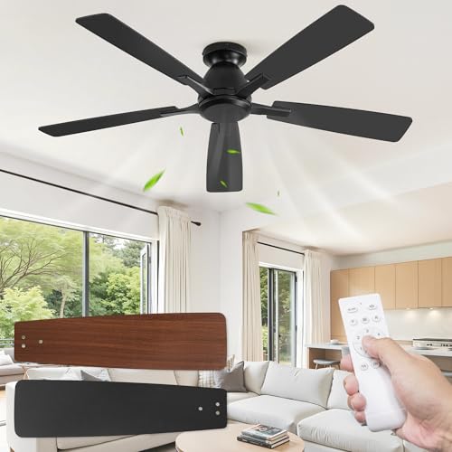 Fanbulous 52 Inch Flush Mount Ceiling Fan No Light with Remote,Black Modern Low Profile Ceiling Fan Without Light,6-Speeds,Quiet Reversible DC Motor,Indoor&Outdoor Ceiling Fans for Bedroom,Living Room by Fanbulous - Used condition - US$49.05