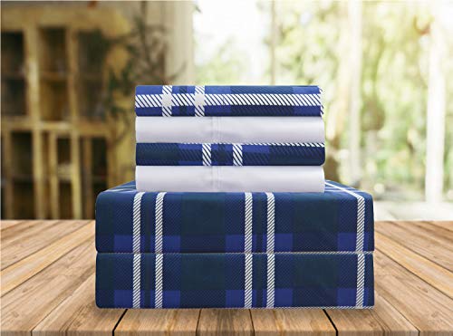 Elegant Comfort Luxury Soft Bed Sheets Plaid Pattern - 1500 Premium Hotel Quality Microfiber Softness Wrinkle and Fade Resistant (6-Piece) Bedding Set, King, Navy Blue