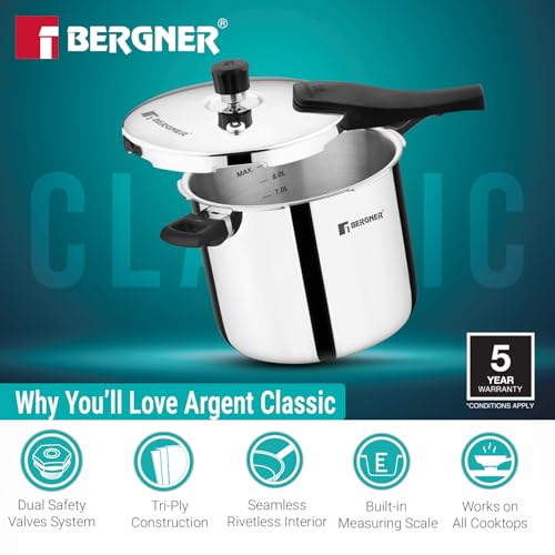 Image of Bergner Argent Classic Triply Stainless Steel Pressure Cooker 10L, Even Heat Distribution, Triply Cooker with Resettable Safety Valve, Sturdy Handle, Easy to Clean - Induction and Gas Stove Ready