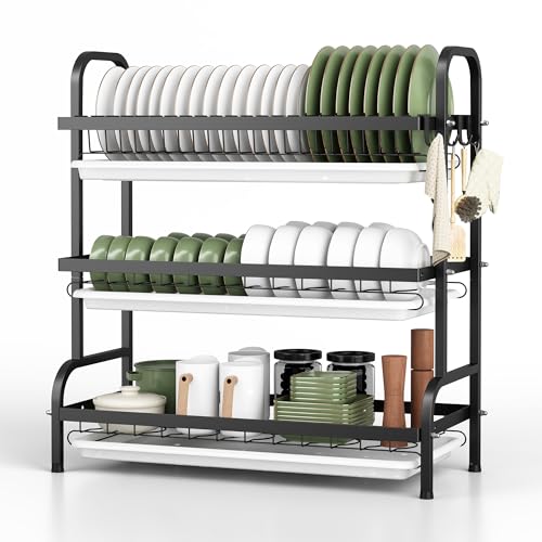 NETEL 3 Niveles Escurridor de Trastes Acero Inoxidable, Escurridor de Trastes Grande, Escurridor de Platos con Bandeja de Goteo, Ideal para Cocinas...